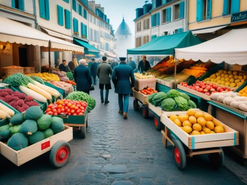 Vibrante mercado al aire libre en Francia con productos frescos y coloridos, reflejando el estilo de vida de la dieta francesa