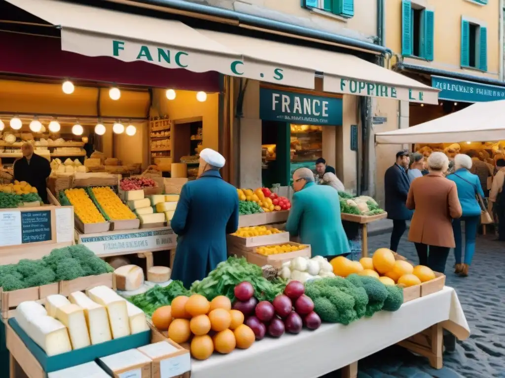 Un vibrante mercado al aire libre en Francia, lleno de productos frescos y colores, con cafés y personas disfrutando de la vida