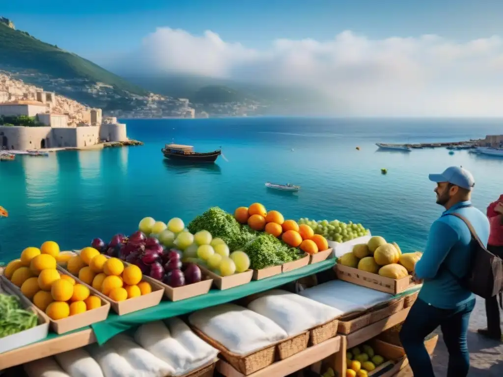 Un vibrante mercado al aire libre en la Riviera Francesa, con alimentos frescos y coloridos