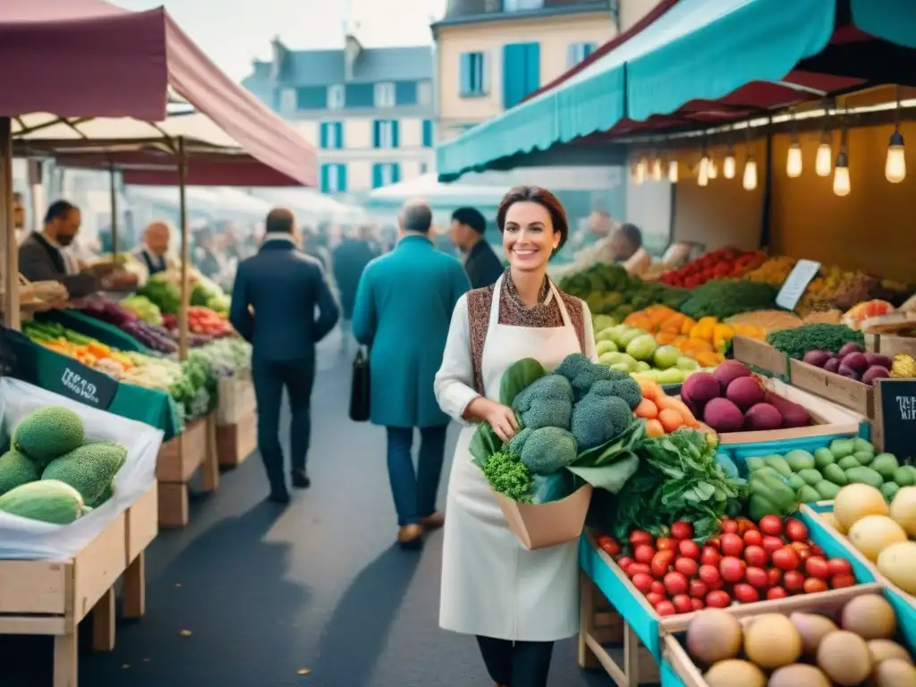 Vibrante mercado al aire libre en Francia con beneficios dieta francesa vegana