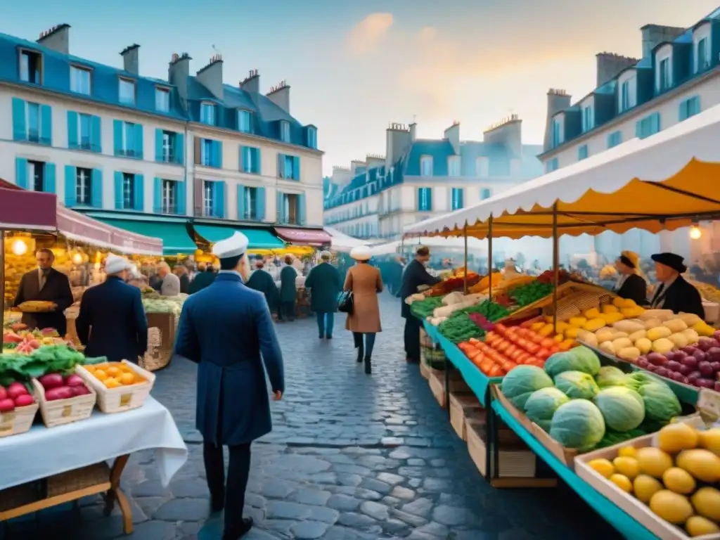 Un vibrante mercado al aire libre en Francia, con puestos de frutas, verduras, quesos y baguettes