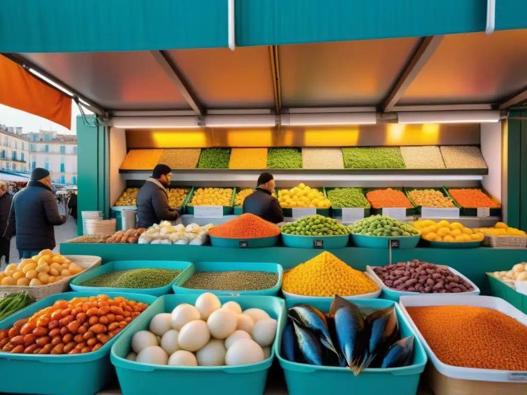 Vibrante mercado al aire libre en Marsella, Francia, para comprar ingredientes frescos para la bouillabaisse receta tradicional adaptada