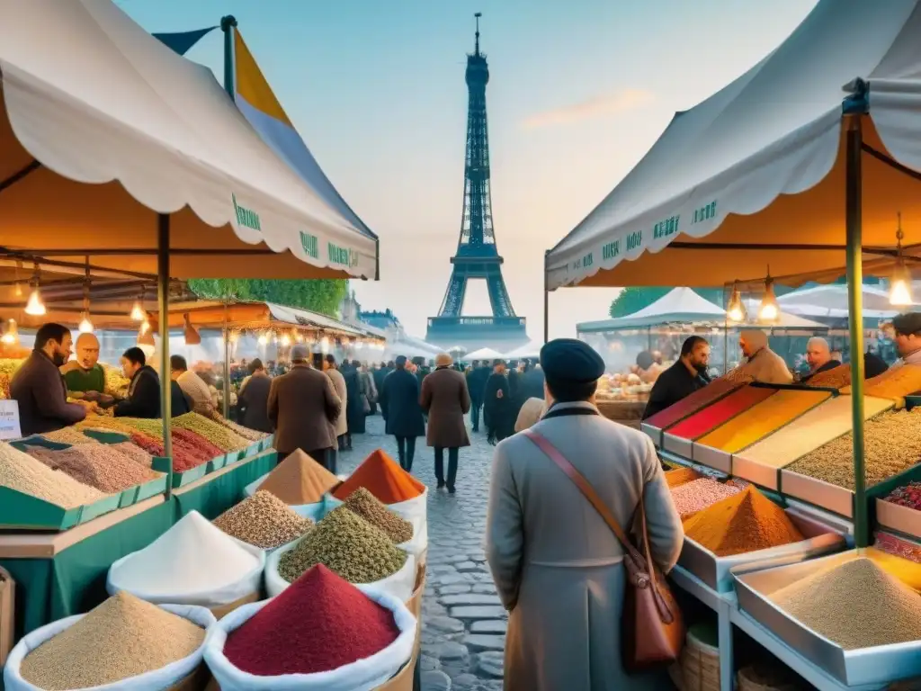 Vibrante mercado al aire libre en Francia con influencia de ingredientes árabes en la gastronomía francesa