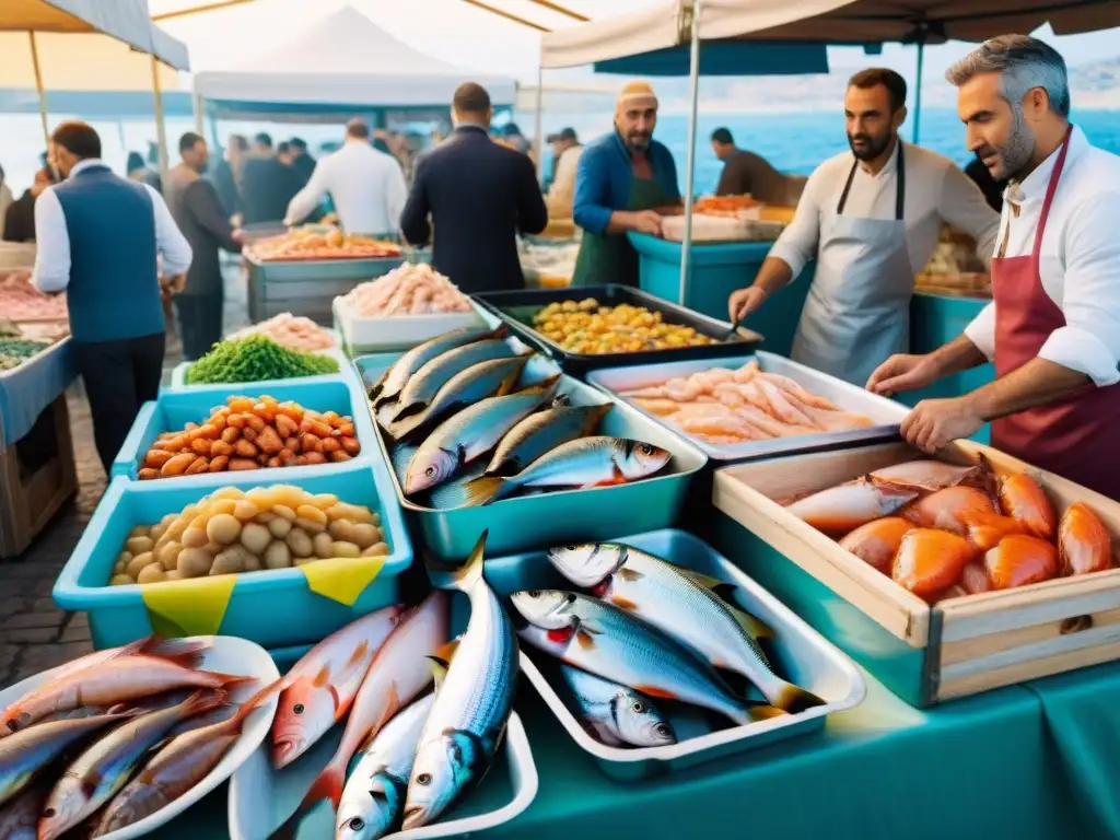 Vibrante mercado al aire libre en Marsella con pescado fresco y la Receta tradicional Bouillabaisse Marsella