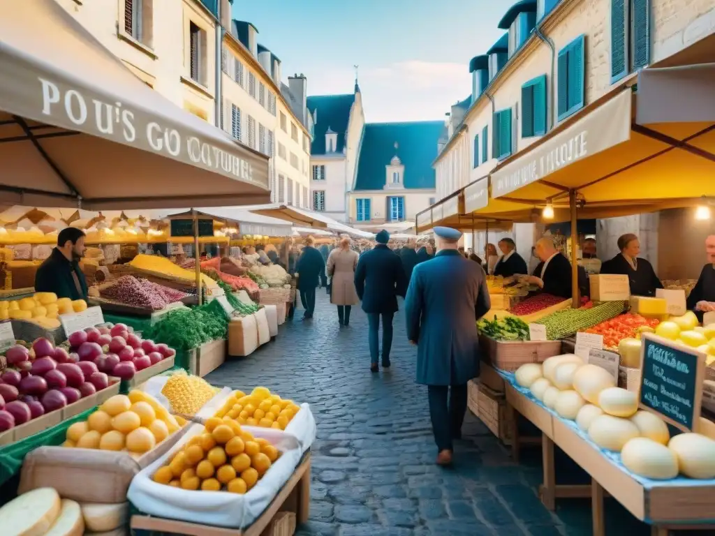 Vibrante mercado al aire libre en Dijon, Francia, con productos frescos y la icónica mostaza dijon, iluminado por el cálido sol