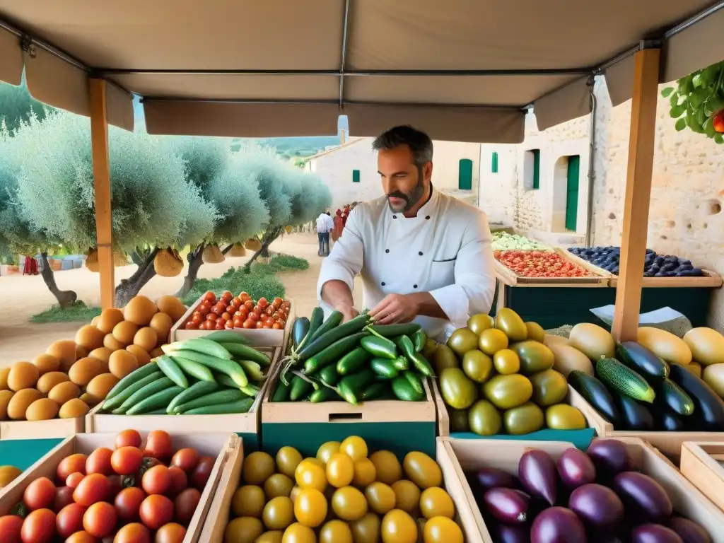 Un vibrante mercado al aire libre en Provenza, Francia, donde se fusiona la innovación en la cocina francesa con productos frescos y coloridos