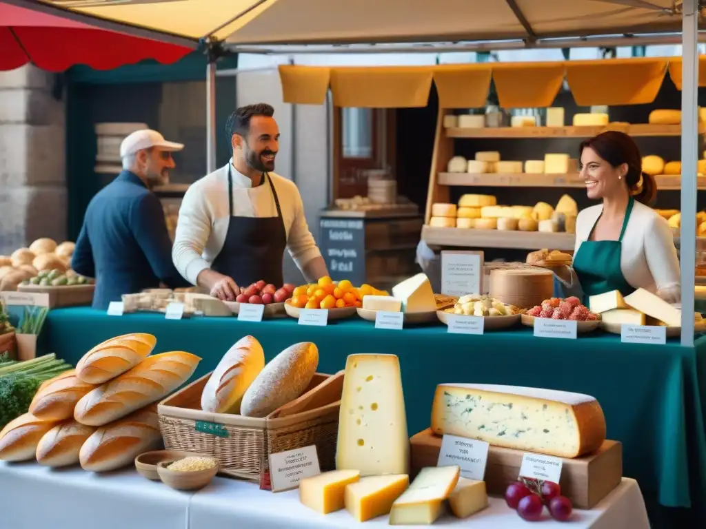 Un vibrante mercado al aire libre en Lyon, Francia, reflejando la esencia de la gastronomía francesa y la tradición de recetas tradicionales