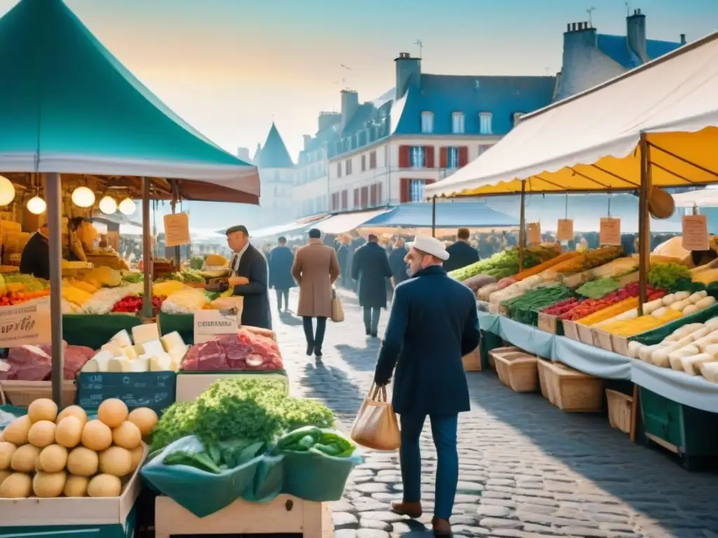 Vibrante mercado al aire libre en Francia con productos frescos y arquitectura típica