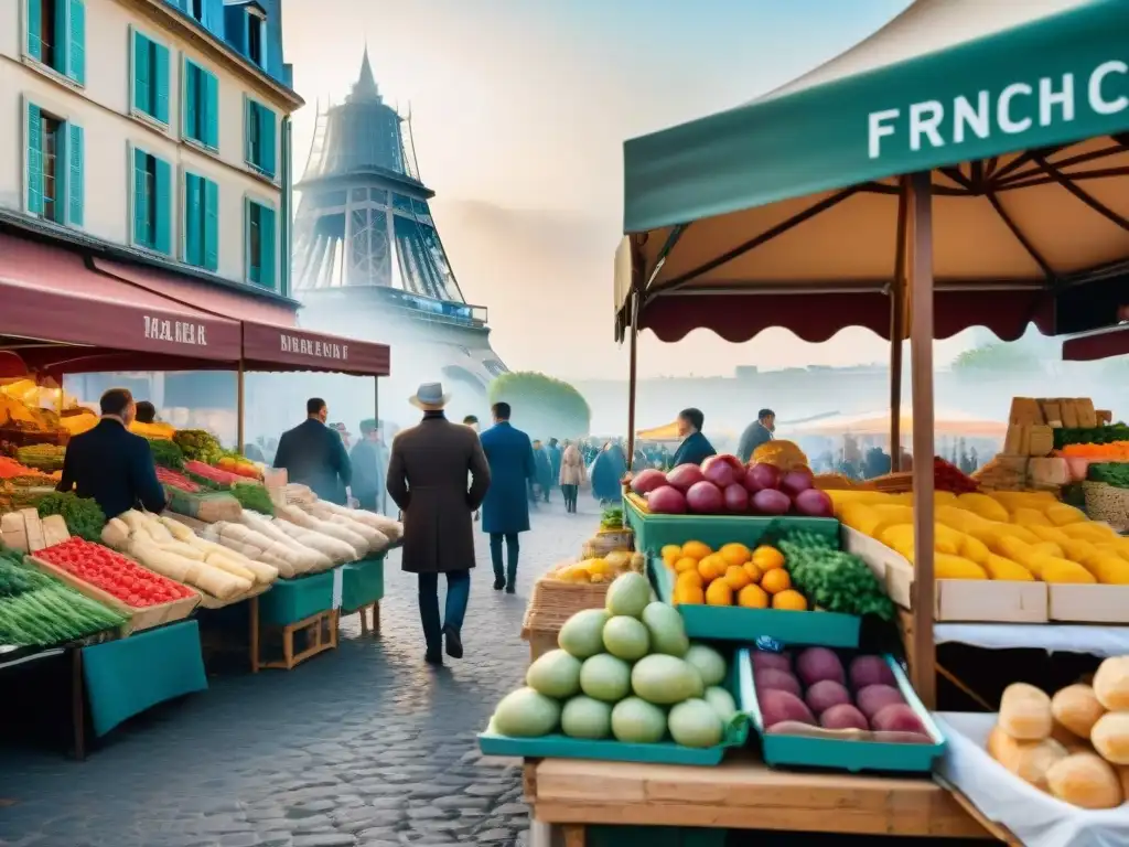 Un vibrante mercado al aire libre en París con productos frescos y la Torre Eiffel al fondo, ideal para el Grupo de Facebook gastronomía francesa