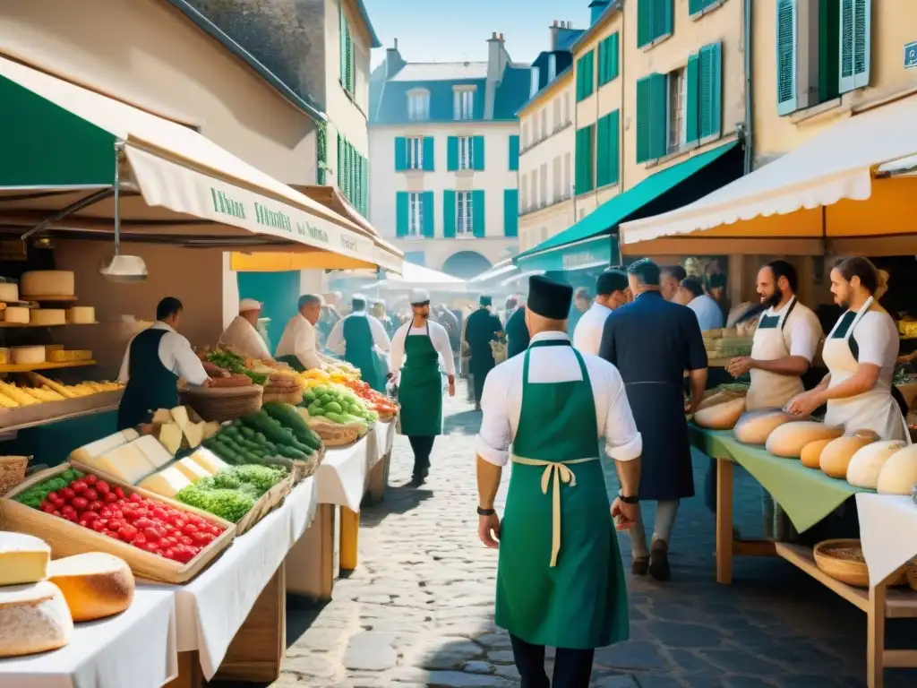 Un vibrante mercado al aire libre en Francia, con puestos coloridos rebosantes de productos frescos y clientes curiosos