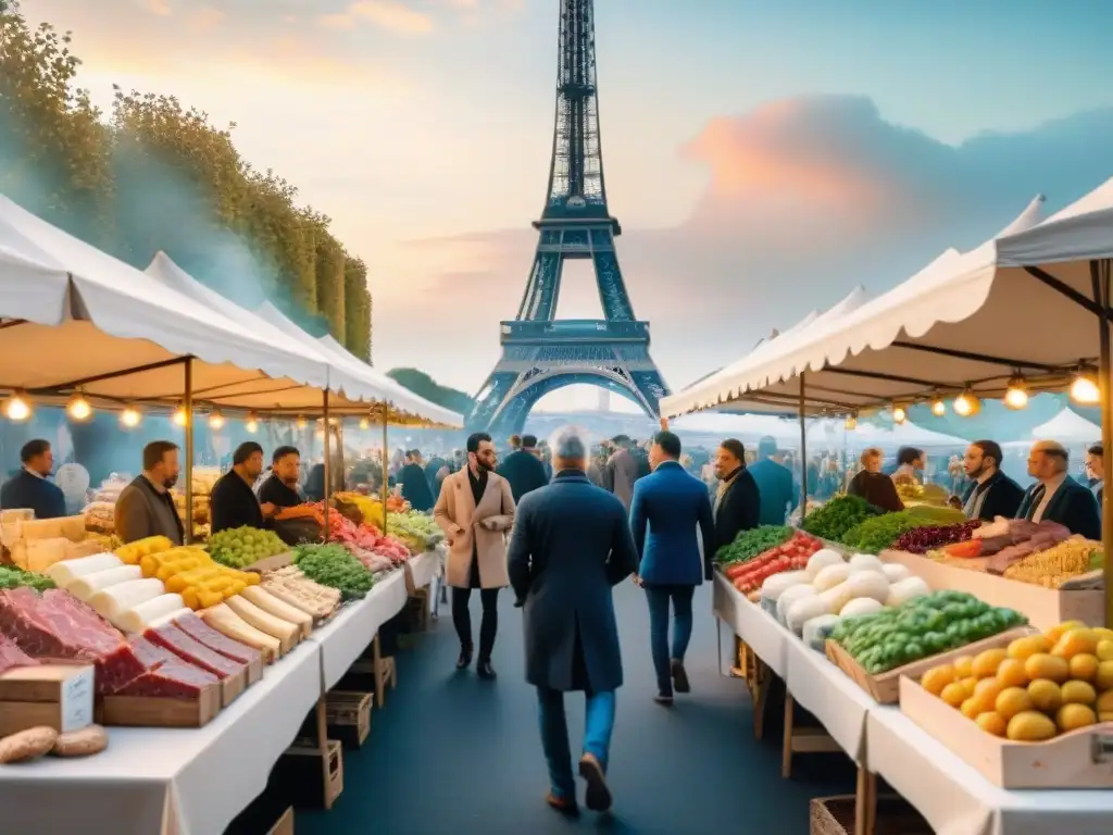 Un vibrante mercado al aire libre en Francia con productos frescos y quesos artesanales