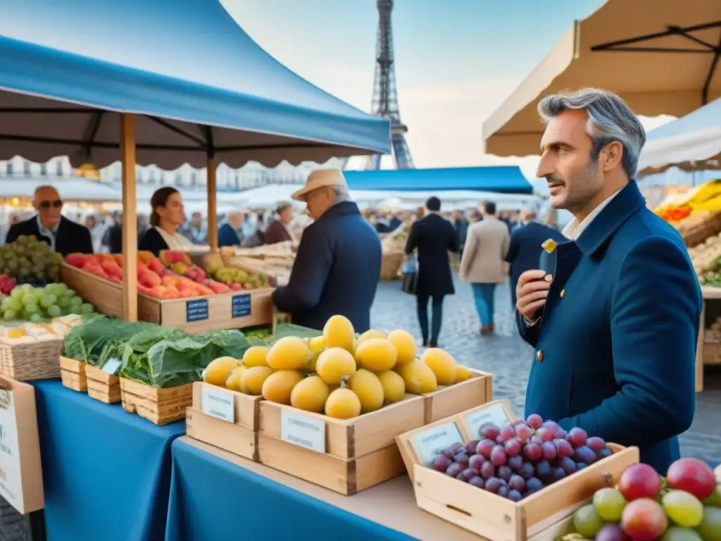 Vibrante mercado al aire libre en Francia con puestos de frutas, verduras y quesos