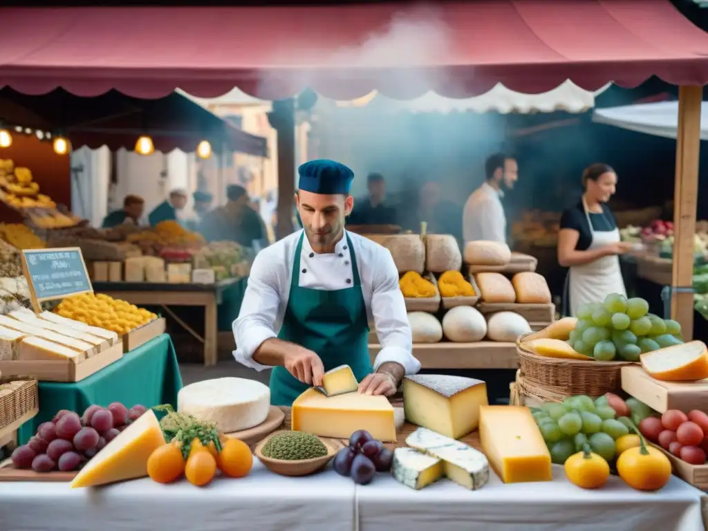 Vibrante mercado al aire libre en Francia: productos coloridos, quesos artesanales, pan recién horneado y flores vibrantes