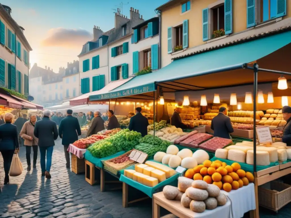 Un vibrante mercado al aire libre en el Suroeste francés, con coloridos puestos de productos locales