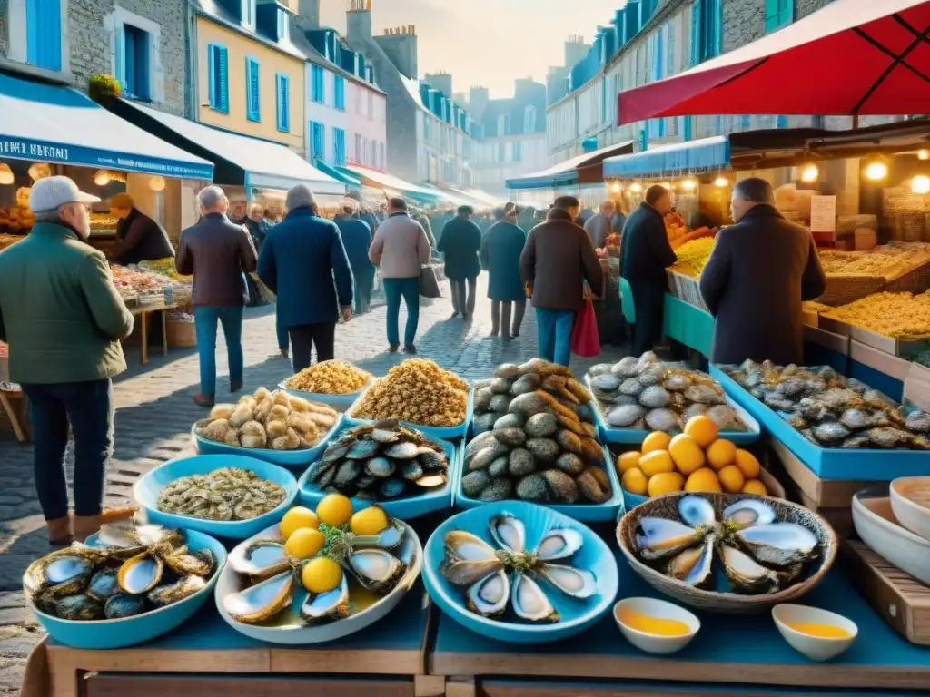 Un vibrante mercado al aire libre en Cancale, Bretaña, lleno de vida y sabor a mar