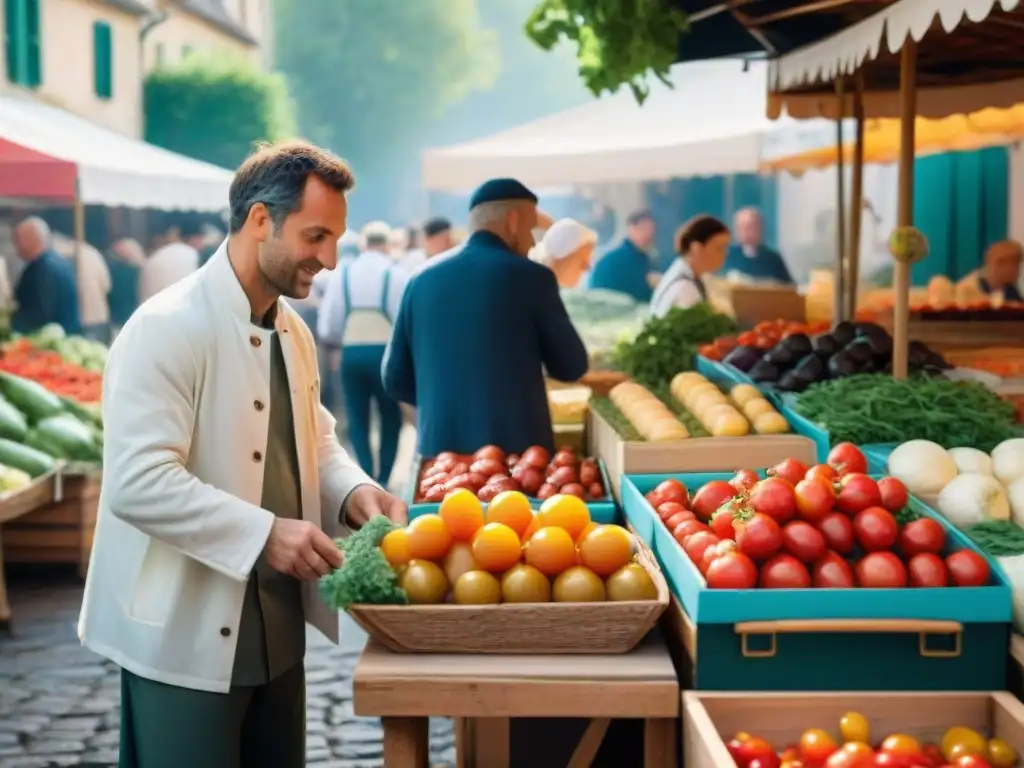 Vibrante mercado de alimentos en un encantador pueblo francés, concursos cocina regional francesa