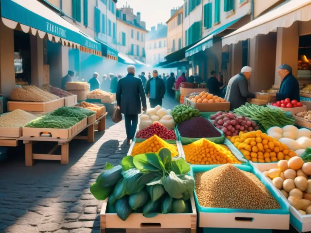 Vibrante mercado callejero en Marsella con cocina francesa auténtica en Marsella, productos frescos y coloridas especias