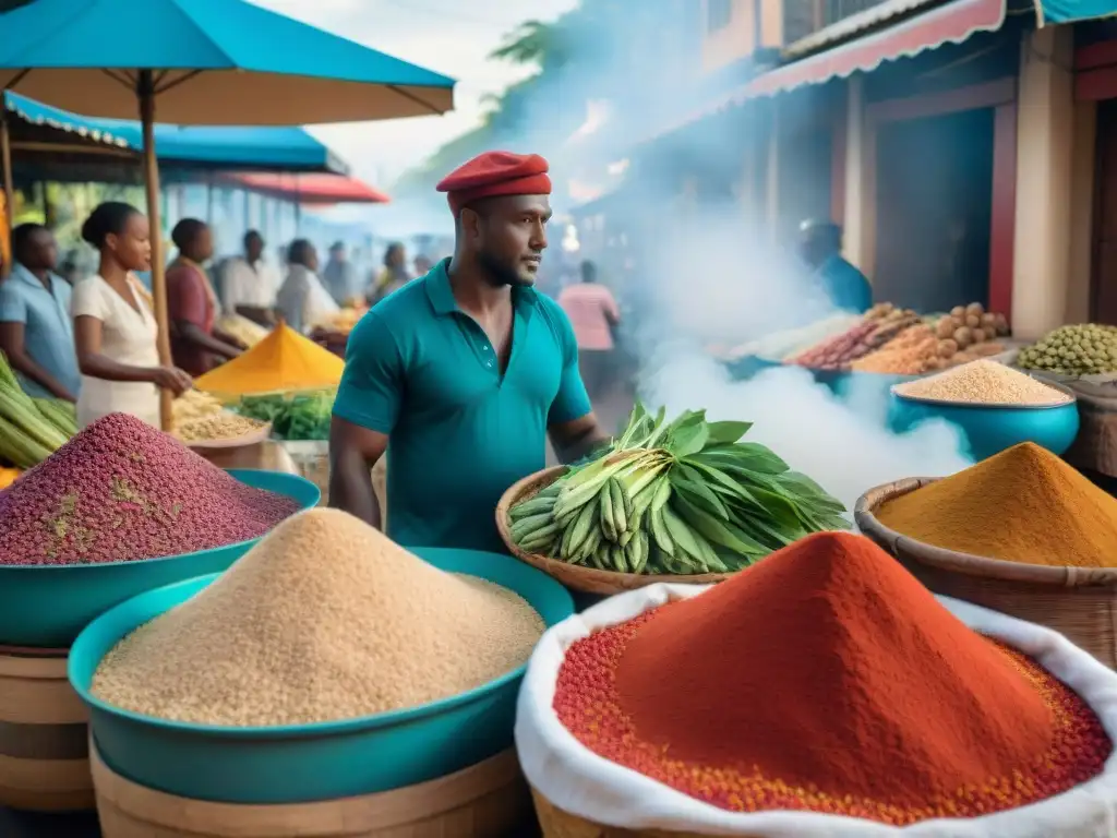 Vibrante mercado callejero en Mayotte, con especias, frutas exóticas y locales vestidos tradicionalmente