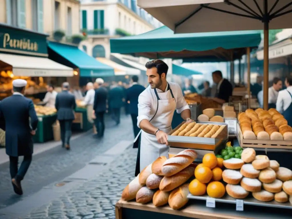 Vibrante mercado callejero parisino: puestos coloridos con baguettes, quesos, frutas y hierbas, una cafetería y un chef cocinando