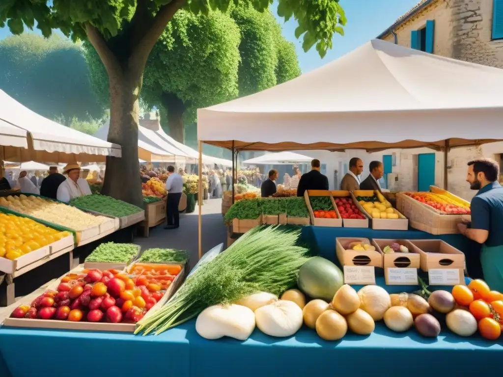 Un vibrante mercado campesino en Francia con ingredientes frescos de la gastronomía francesa