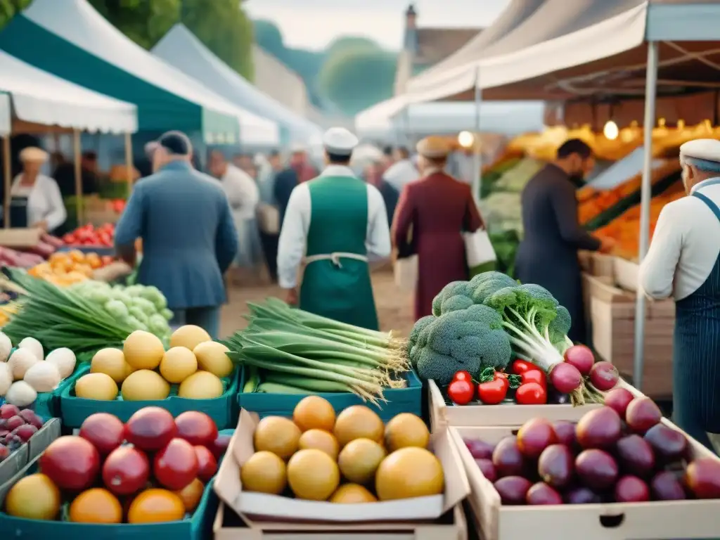 Un vibrante mercado agrícola en la campiña francesa, con productos orgánicos y coloridos