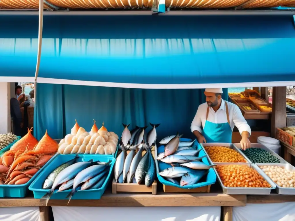 Un vibrante mercado costero francés lleno de pescados frescos y mariscos, con vendedores y clientes interactuando en un escenario pintoresco