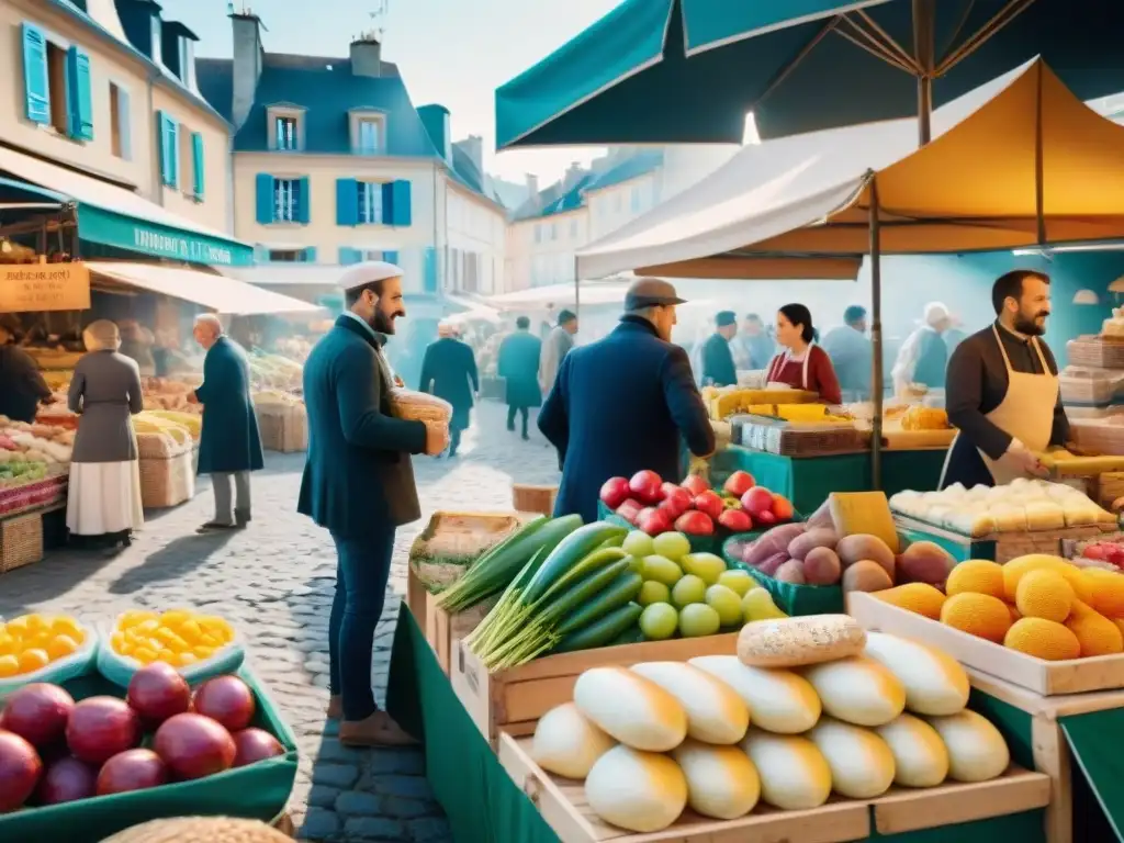 Vibrante mercado en la Francia postrevolucionaria reflejando la transformación culinaria