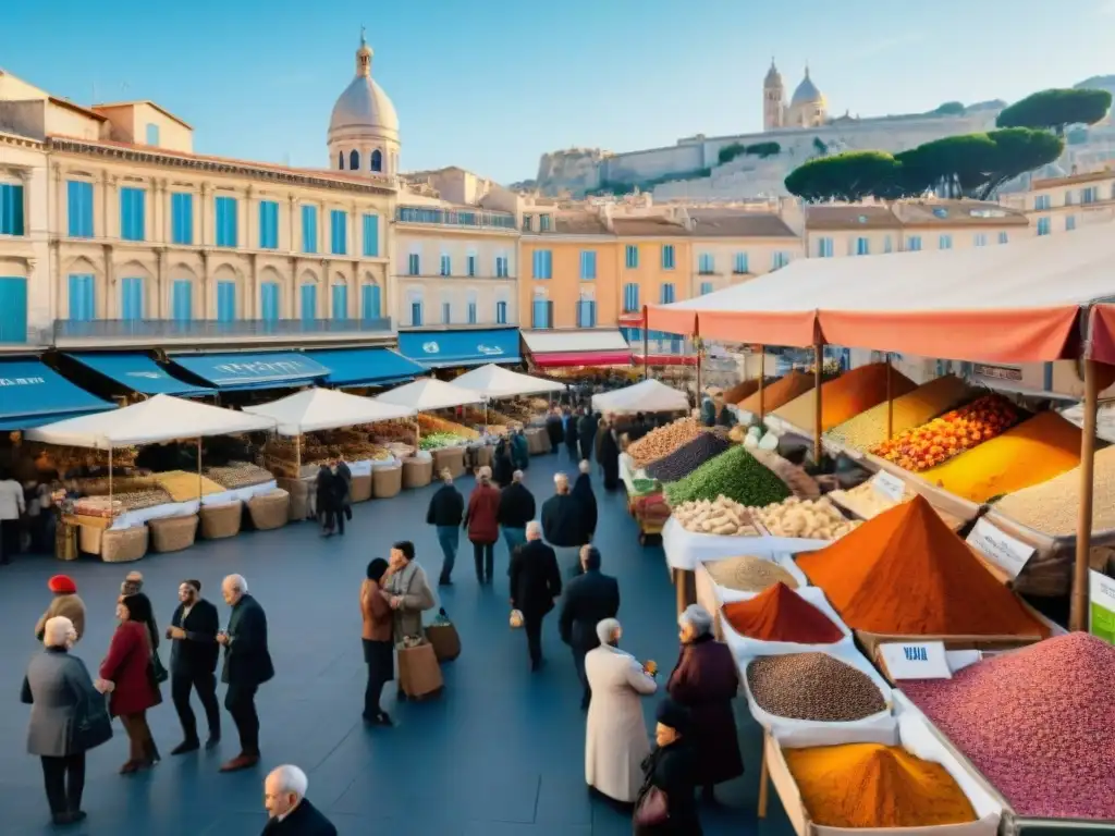 Un vibrante mercado en Marsella, Francia, con especias globales impactando la cocina francesa