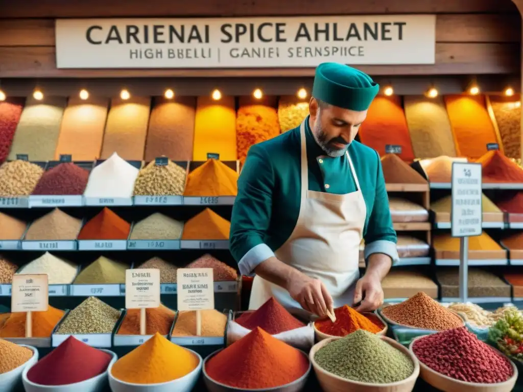 Vibrante mercado de especias en Francia con vendedores locales y clientes, destacando coloridas especias como azafrán y canela