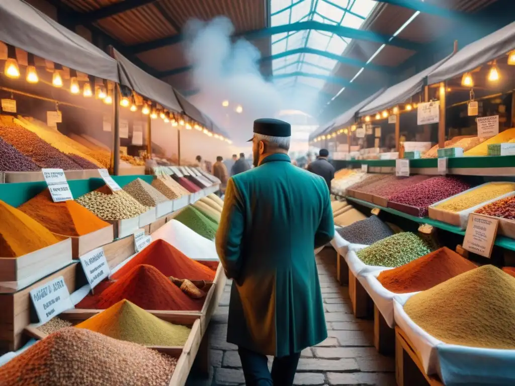 Vibrante mercado de especias en Francia con vendedores y clientes, aromas exquisitos