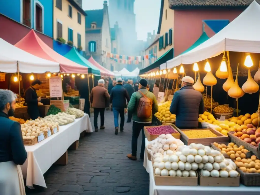 Vibrante mercado en el Festival del Ajo de Tours con productos de ajo, visitantes disfrutando, decoraciones coloridas y ambiente festivo