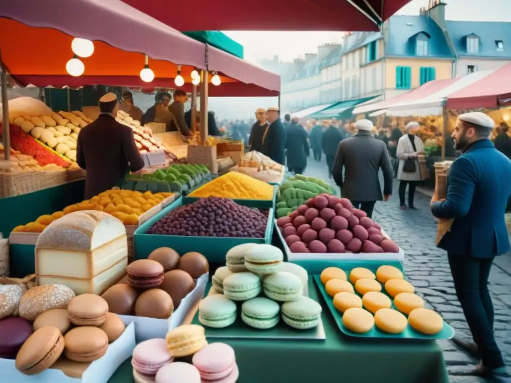 Un vibrante mercado francés al aire libre con vendedores y productos coloridos, reflejando la influencia cultural de la gastronomía francesa