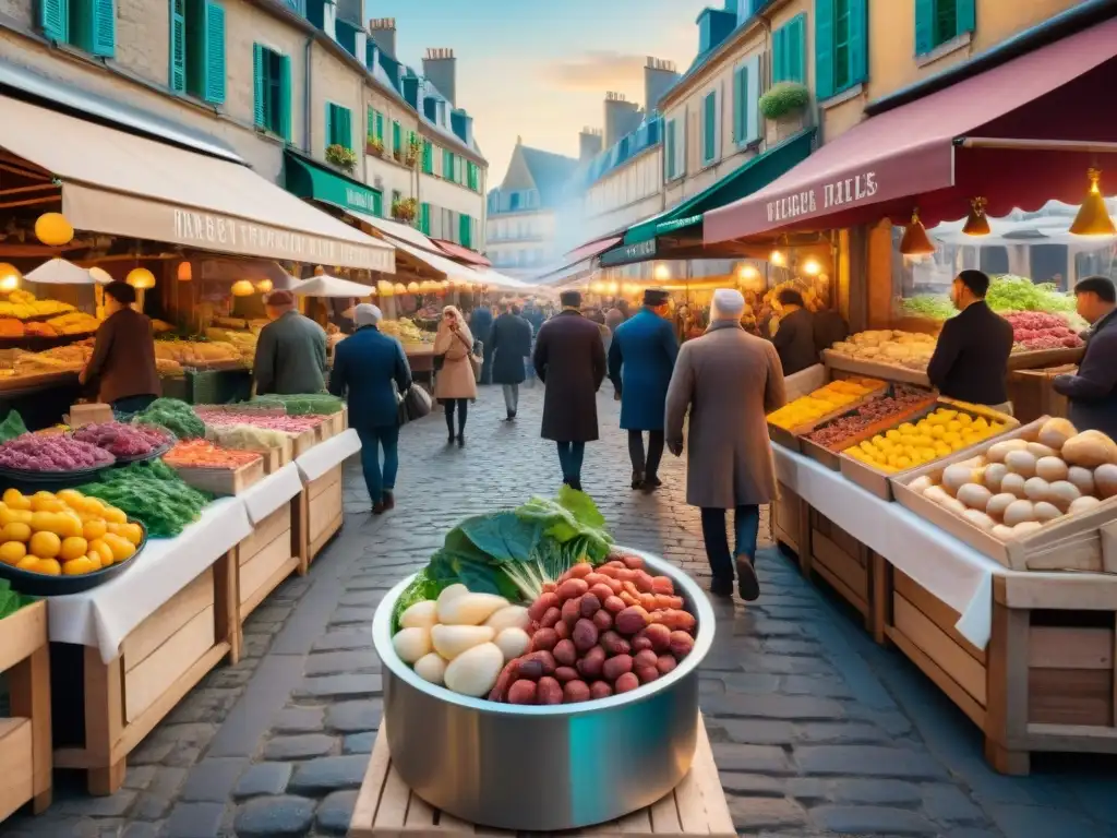 Un vibrante mercado francés al aire libre con delicias culinarias y locales en bicicleta