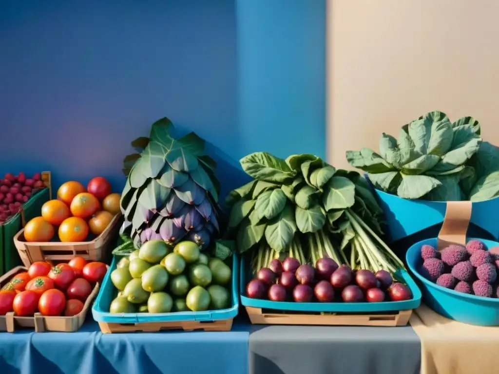 Un vibrante mercado francés al aire libre con superfoods como alcachofas moradas y tomates antiguos, evocando salud y comunidad