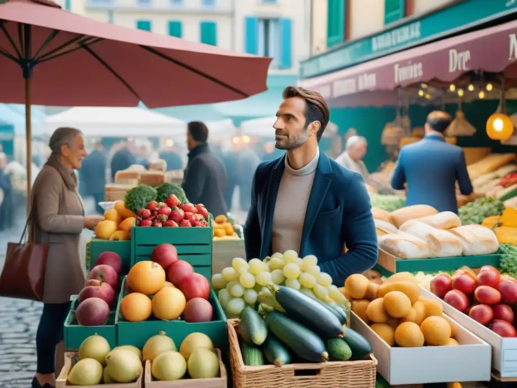 Vibrante mercado francés al aire libre con productos frescos y locales, que representa la Dieta francesa vida saludable