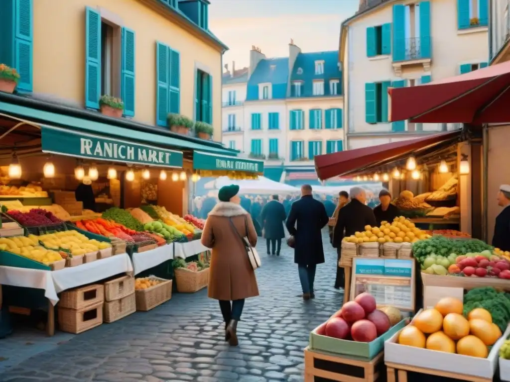 Vibrante mercado francés al aire libre con productos frescos y locales bajo el cálido sol de la mañana