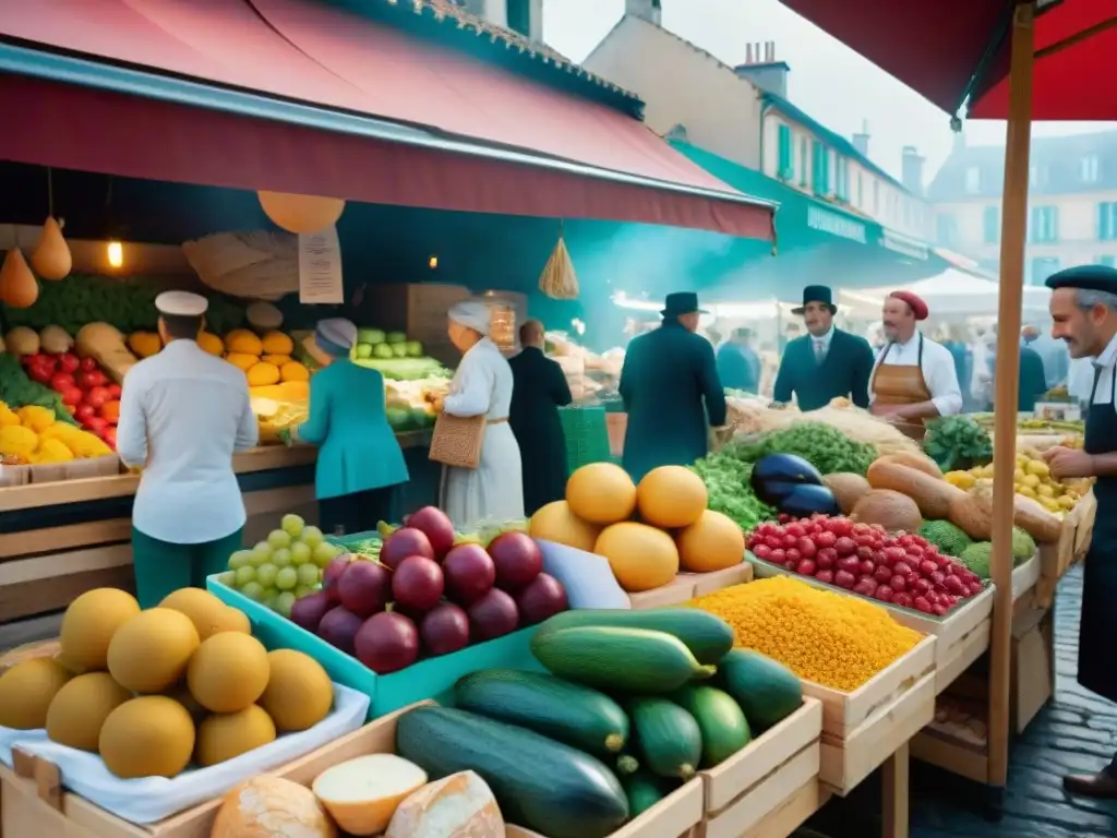 Un vibrante mercado francés al aire libre con una variedad de productos frescos