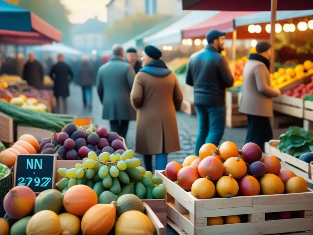 Un vibrante mercado francés al aire libre en otoño con frutas y verduras de temporada de Francia