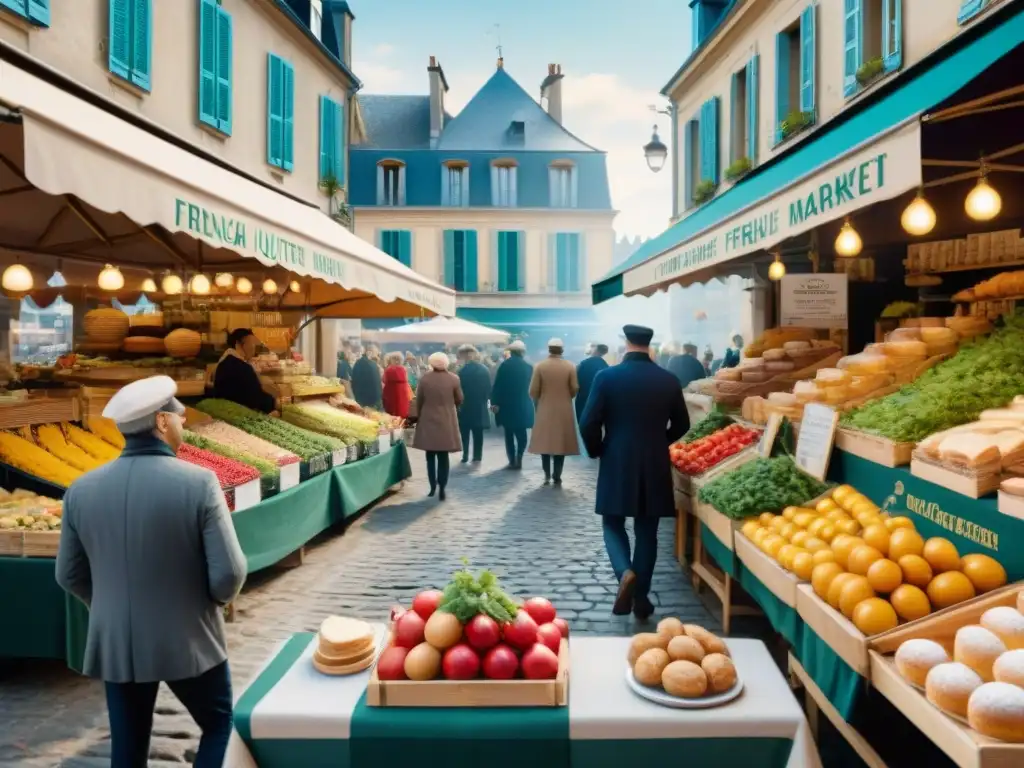 Un vibrante mercado francés al aire libre exhibe platos emblemáticos de la gastronomía francesa en una escena bulliciosa y colorida