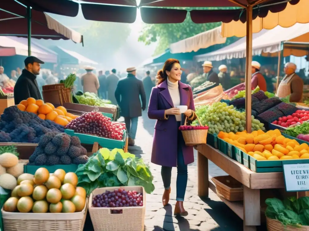 Un vibrante mercado francés con alimentos antioxidantes saludables y coloridos