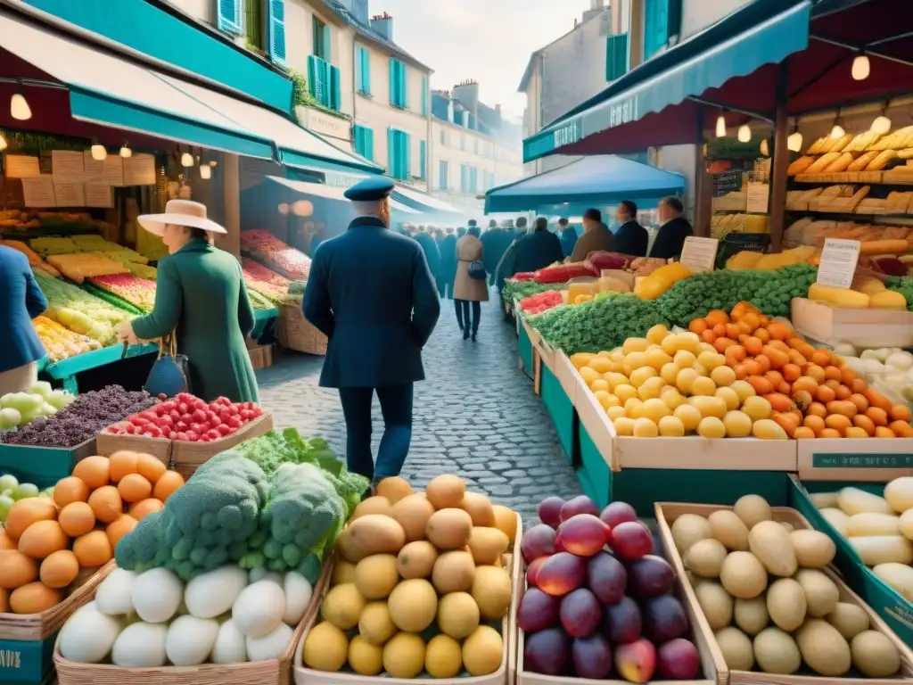 Vibrante mercado francés con alimentos frescos y coloridos, reflejando la Dieta francesa estilo de vida