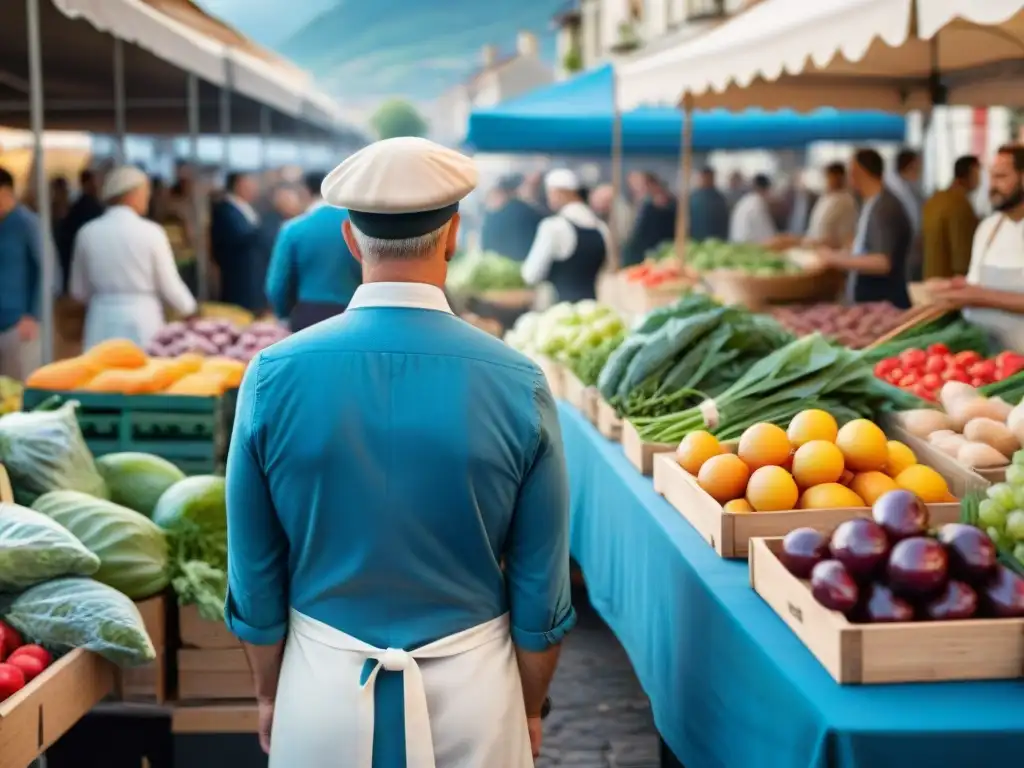 Vibrante mercado francés: chefs y agricultores seleccionando productos frescos bajo el cielo azul