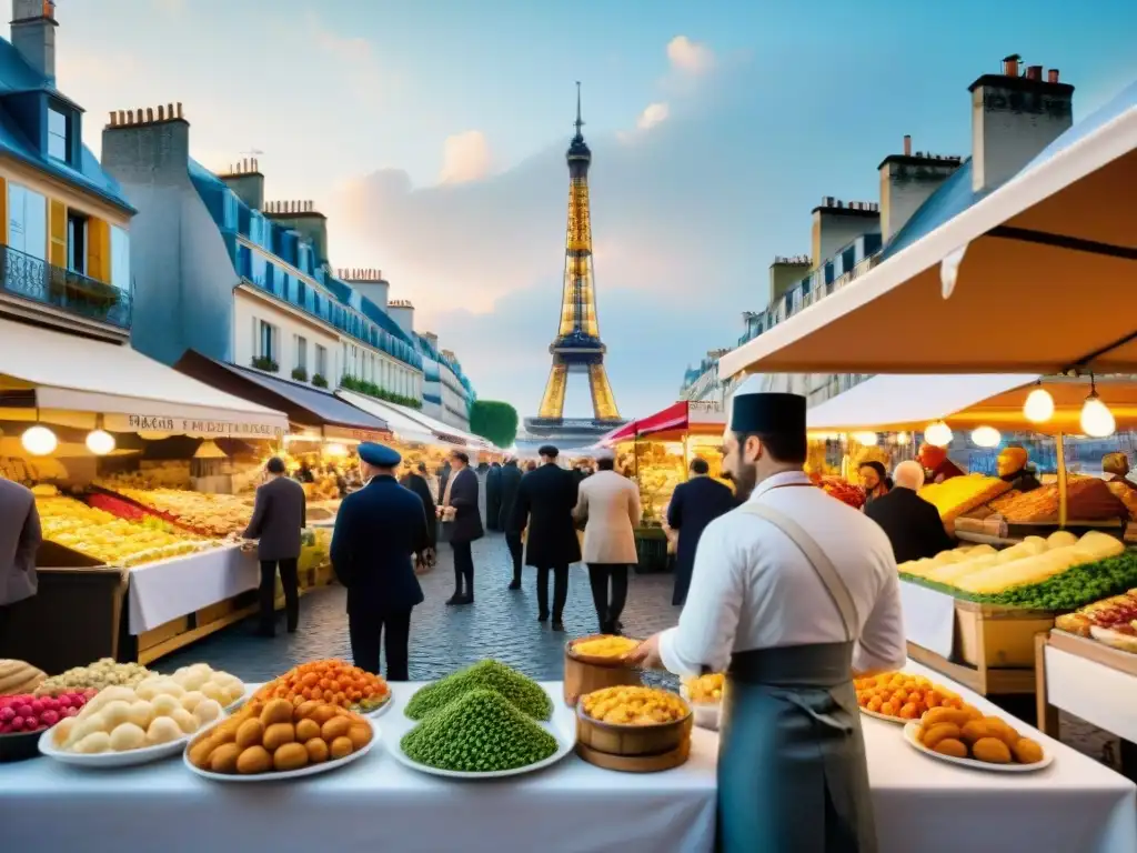 Vibrante mercado francés con cocina tradicional innovadora y la icónica Torre Eiffel de fondo