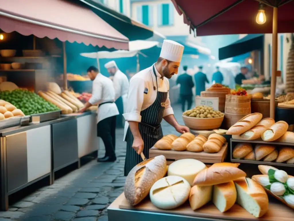 Mercado francés: chefs compitiendo por la excelencia culinaria Un vibrante mercado francés con cocineros seleccionando ingredientes frescos, creando una atmósfera culinaria competitiva