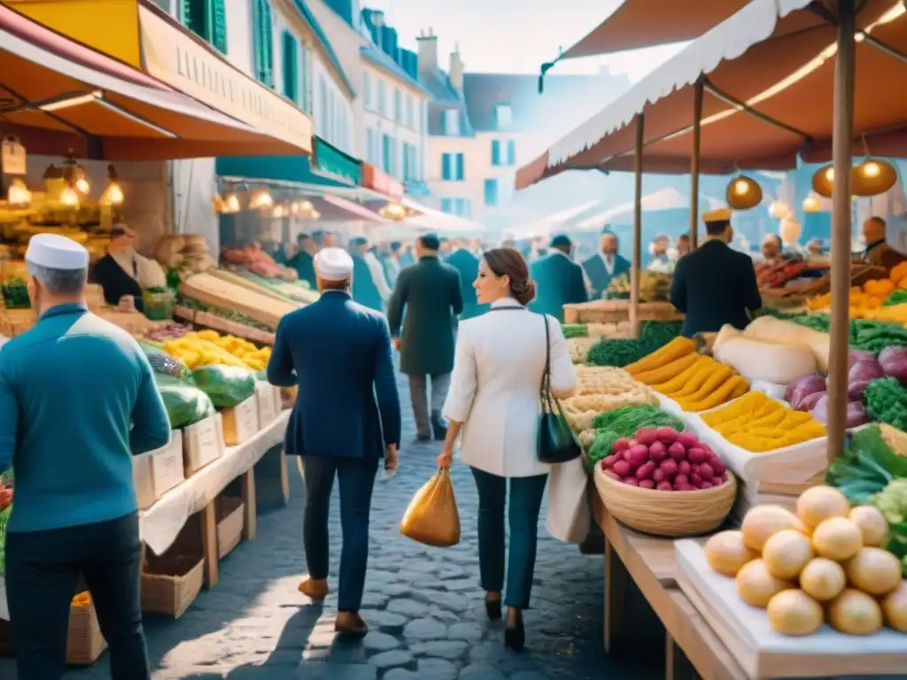 Vibrante mercado francés en el Concurso de Cocina Francesa 2023, con productos frescos y coloridas flores