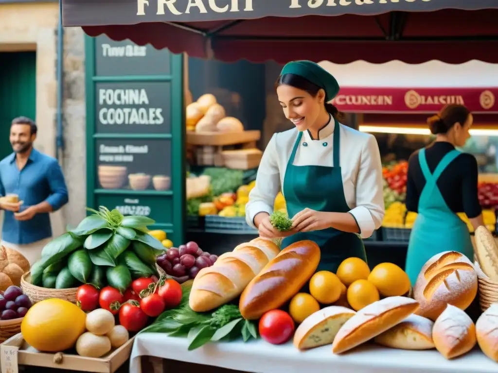 Vibrante mercado francés en el Concurso de Cocina Francesa 2023, con puestos de productos frescos y flores coloridas