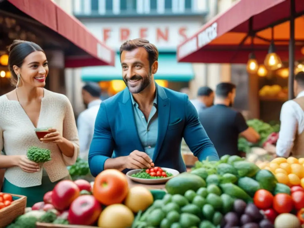 Un vibrante mercado francés: dueño de restaurante interactúa con influencers locales sobre mesa repleta de productos frescos