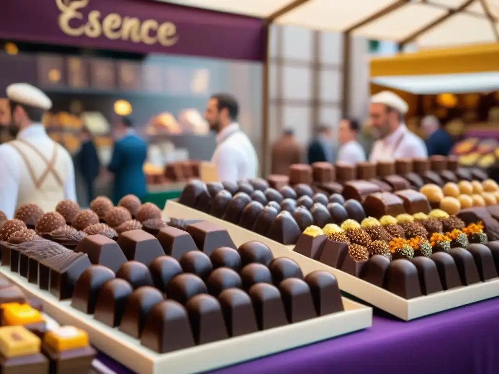 Vibrante mercado francés con exquisito cacao y escultura de chocolate siendo creada por un maestro chocolatero rodeado de admiradores