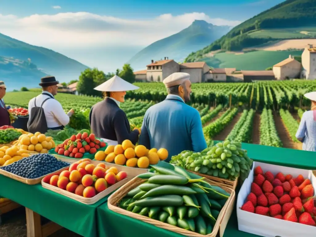 Vibrante mercado francés con frutas y verduras regionales, mostrando la influencia geográfica en la diversidad