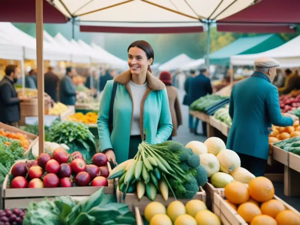 Vibrante mercado francés con frutas y verduras frescas en puestos de madera